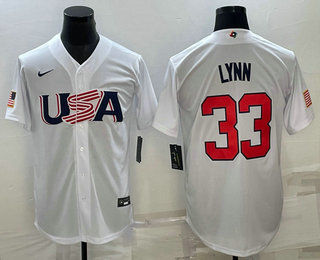 Men%27s USA Baseball #33 Lance Lynn 2023 White World Baseball Classic Stitched Jersey